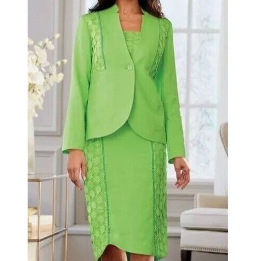 Midnight Velvet Lime Green Blazer High-Low Skirt Floral Lace‎ Suit NWT Size 16